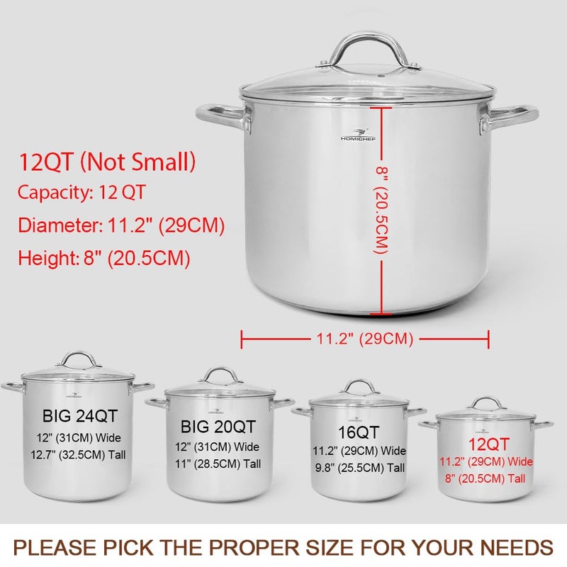 HOMICHEF 12 Quart LARGE Stock Pot with Glass Lid - NICKEL FREE Stainless Steel Healthy Cookware Stockpots with Lids 12 Quart - Mirror Polished Induction Pot - Commercial Grade Soup Cooking Pot - Image 4